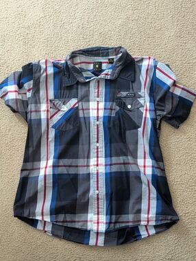 Karl Kani Plaid Short-Sleeve Button-Down in Navy, Gray, Blue, Red